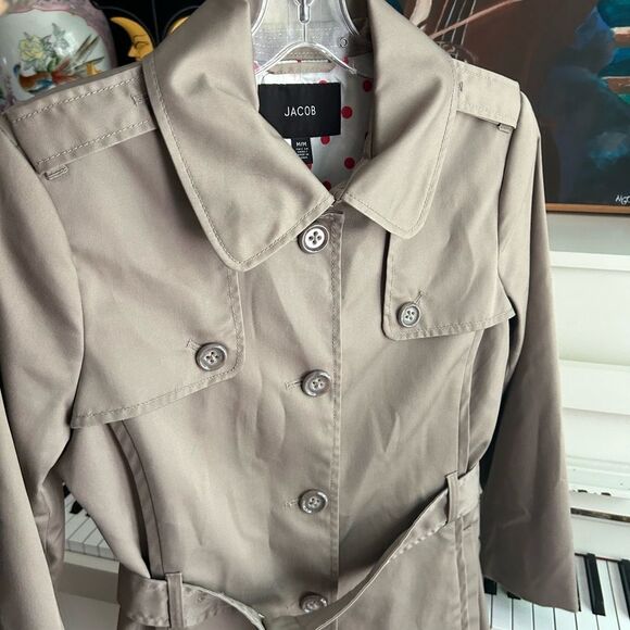 Jacob Y2K Tan Trench Jacket with Red Polka Dot Lining 3/4 Sleeves M - Picture 12 of 16